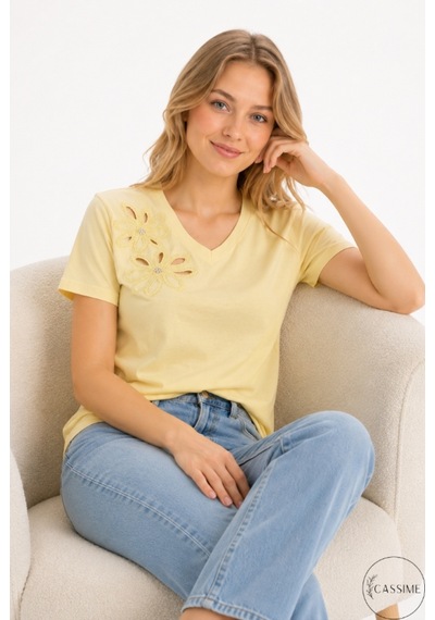 Cassime Kadın Sarı %100 Pamuk Regular/normal Kalıp Çiçek Nakışlı Örme T-shirt