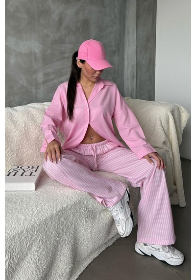 Madmext Pembe Beli Ayarlanabilir Çizgili Cepli Bol Paça Kadın Pantolon Mg2312 Pembe