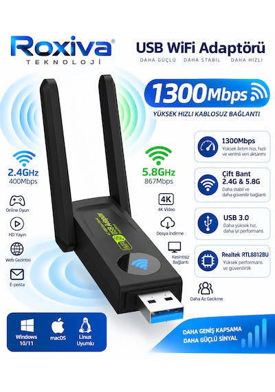 1300 Mbps Usb Wifi Adaptörü Çift Bant 2.4ghz & 5ghz Usb 3.0 Realtek Rtl8812bu Kablosuz Ağ Alıcısı