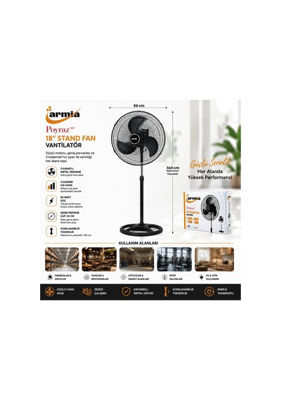 18 İnç Sanayi Vantilatör 3 Metal Kanat: Çap:56cm - Y: 140cm - 3 Kademe Hız 80w 5468