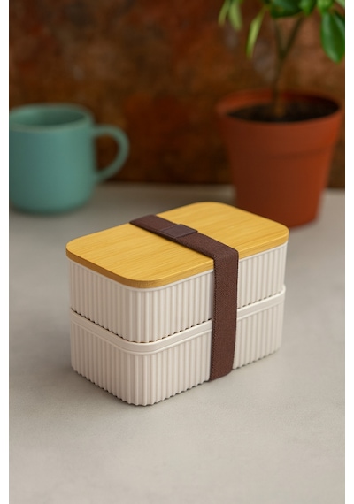 Makri Home Bambu Kapaklı 2'li Saklama Kabı Seti 0,5+0,5 Litre Üst Üste Konabilir 15x9x10 Cm Krem