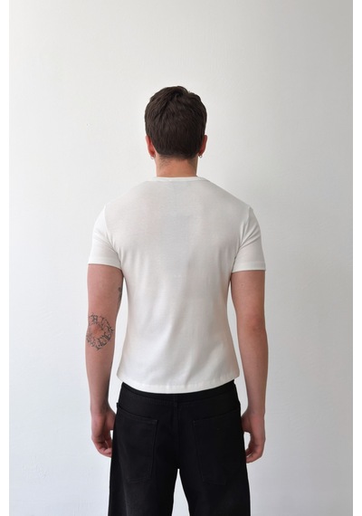 Flaw Düğmeli Basic Tişört-29489 Beyaz