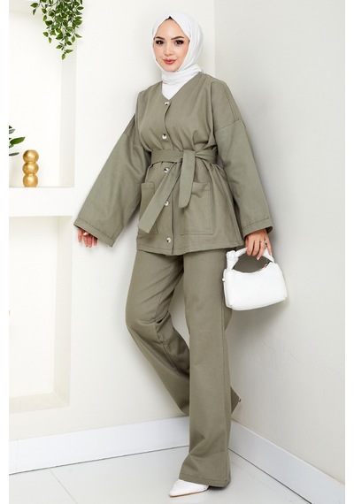 Bestenur Kemerli Ceket Pantolon Gabardin Takım 1557 - Mint Mint Yeşili