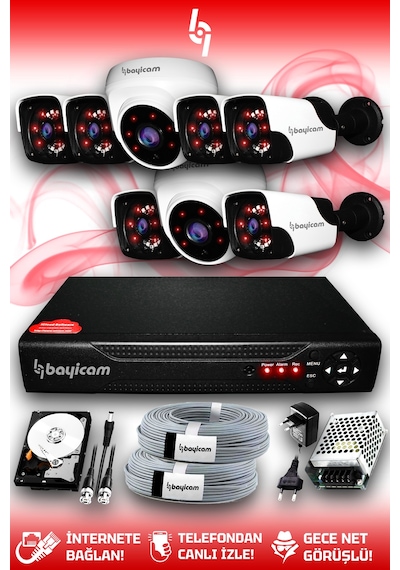 Bayicam 8 Kameralı Panda 2 İç Kamera Set 100 GB HDD Full HD Gece Görüşlü Güvenlik Kamerası Sistemi
