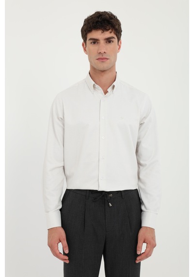 Dufy Erkek Regular Fit Düğmeli Yaka Uzun Kol Bej Gömlek-25804
