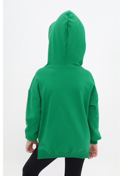 Kız Çocuk Oversize Kapüşonlu Büzgülü Düşük Omuz Nakış Baskılı Yırtmaçlı Sweatshirt - 2 İplik Çimen Yeşili