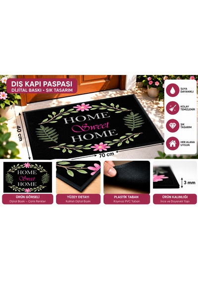 Home 40x70 Cm Dekoratif Kapı Önü Paspası Dijital Baskılı, Kaymaz Pvc Tabanlı, İnce Ve Şık Tasarımlı İç Dış Kapı Paspası Bej Siyah