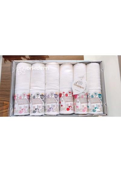 6.lı Set Annem 50x90 Cm. Özel Tafting Nakışlı Kadife Doku Çeyizlik Lüks Havlu Seti Beyaz Beyazev Beyaz