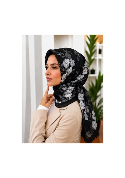 B Blueberry İtalia Floral Desenli Pamuk Eşarp Nefes Alabilen Yumuşak Doku siyah