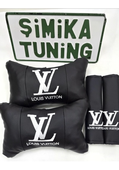 Lv Siyah Nakışlı 2'li Deri Yastık Ve 2'li Kemer Kılıfı Oto Konfor Başlık Seti