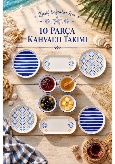 10 Parça 4 Kişilik Oceana Stoneware Kahvaltı Takımı - Özel Desenli Kahvaltılık Servis Sunum Seti Çok Renkli