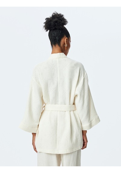 Koton Pamuklu Kuşaklı Geniş Uzun Kollu Dokulu Kimono Ekru 5sak50095uw Ekru