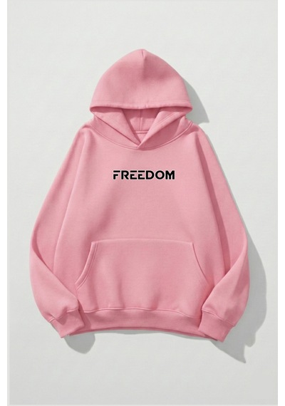 Uyguntarz Unisex Yumuşak Dokulu Freedom Baskılı Tasarım Oversize 3 İplik Hoodie Sweatshirt Pembe