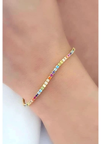 Renkli Swarovski Taşlı 925 Ayar Gümüş Üzerine Altın Kaplama Bilek