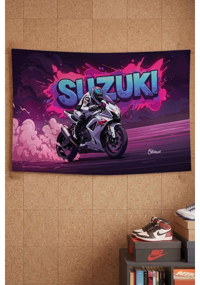 Suzuki Gsx-r Beyaz Yarış Motoru Graffiti Dekoratif Duvar Örtüsü Duvar Halısı