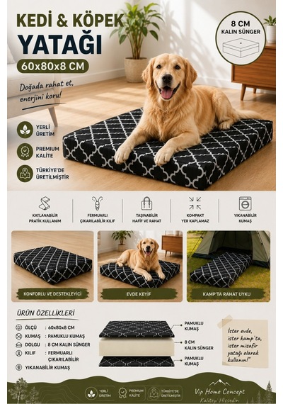 Kedi Köpek Yatağı Süngerli Fermuarlı Yıkanabilir Kılıflı Köpek Minderi 60x80x8 Cm-karaçatı