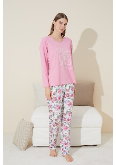 Siyah İnci Pamuklu Örme Pijama Takım 24240113 Pembe