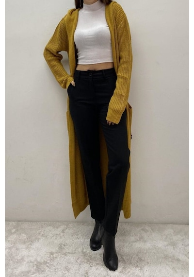 Onno Style Women Selanik Örgü Kapşonlu Uzun Ceket Hardal