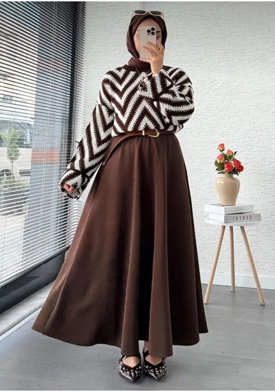 Trend Paris Retro Zigzag Desenli Oversize Örgü Triko Kazak Kahverengi Standart