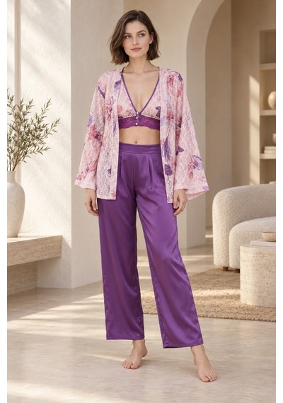 Loule Kadın Mor-pembe Çiçekli Kimonolu Saten Pijama Takımı Mor - Pembe