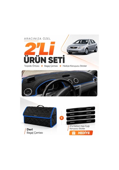 Chevrolet Lacetti 2002-2009 Uyumlu Torpido Örtüsü + Deri Bagaj Çantası + Sticker Seti - Siyah Mavi