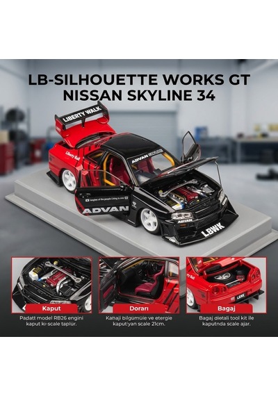 Hobbiez Lisanslı Nissan Skyline R-34 Model Diecast Car 1/24 Ölçek Metal Standlı Araç