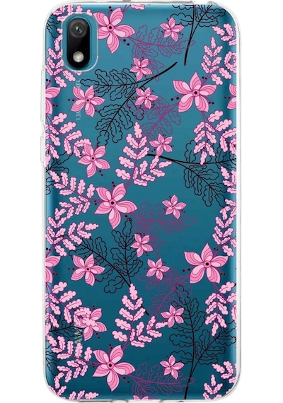Huawei Y5 2019 Uyumlu Kapak Floral Pembe Tasarımlı Şeffaf Silikon Kılıf