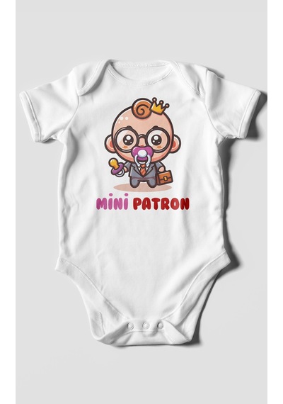 Mini Patron V2 Baskılı Bebek Zıbını Çıtçıtlı Body %100 Pamuk Kısa Kol Beyaz