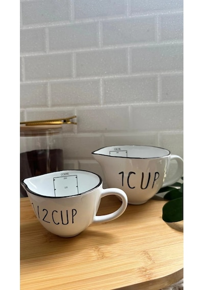 Seramik 2'li Ölçü Kabı Seti - 1 Cup 500 Ml Ve 1/2 Cup 250 Ml Kapasiteli, Beyaz