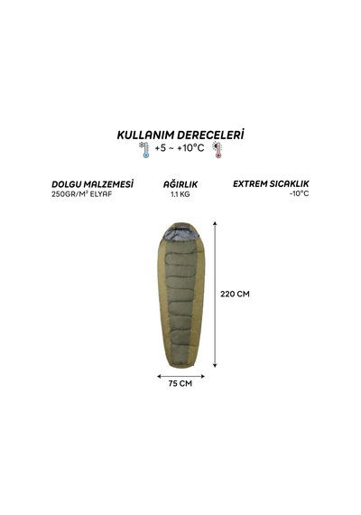 4 Mevsim Mumya Tip Uyku Tulumu -10 C Konforlu Kamp Uyku Tulumu Yıkanabilir Yeşil
