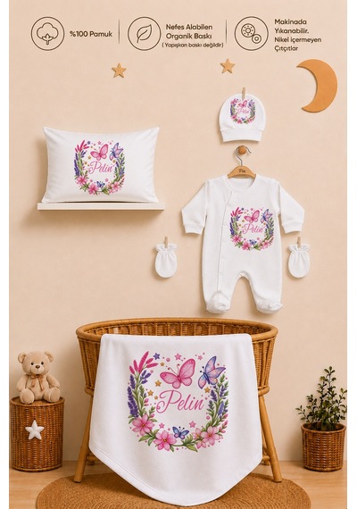 Pia Baby Kız Bebek Hastane Çıkışı 5 Parça Tulum Seti %100 Pamuk İsme Özel Organik Baskılı 2088tybyx Ekru