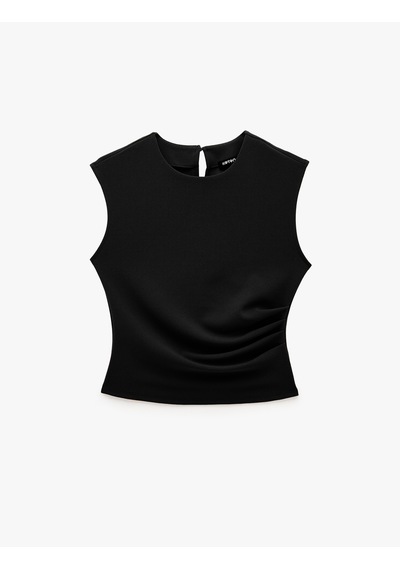 Koton Krep Scuba Slim Fit Drape Detaylı Kolsuz Bisiklet Yaka Bluz Siyah 7wak10037ek