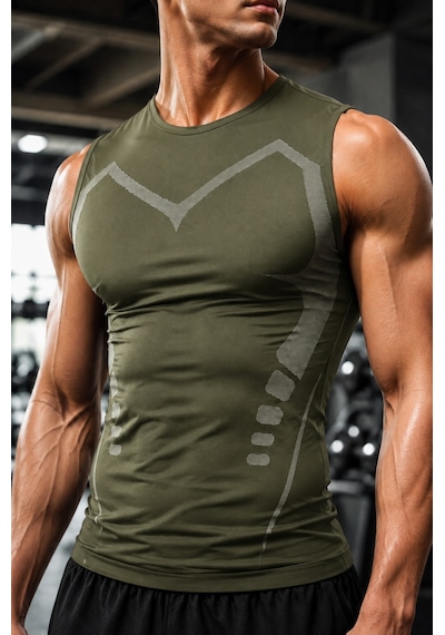 Ghassy Co. Erkek Fitness Hızlı Kuruma Nefes Alabilen Çapraz Daraltma Tipi Kolsuz Spor T-shirt Haki