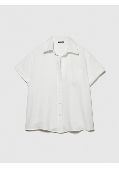 Sisley %100 Keten Düğmeli Göğüs Cepli Kısa Kollu Gömlek Kadın Beyaz Gömlek - 324p5bmllq042