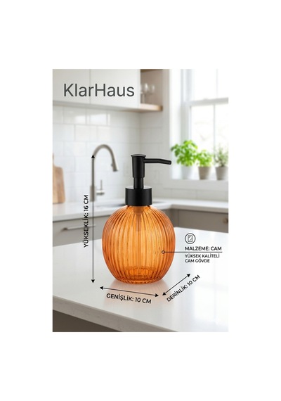 Çizgili Yuvarlak Siyah Pompalı Cam Sıvı Sabunluk - 500ml - 16x10x10 Cm Turuncu