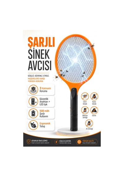 Şarjlı Sinek Raketi Sivrisinek Haşere Öldüren Elektrikli Sineklik Haşere Aleti