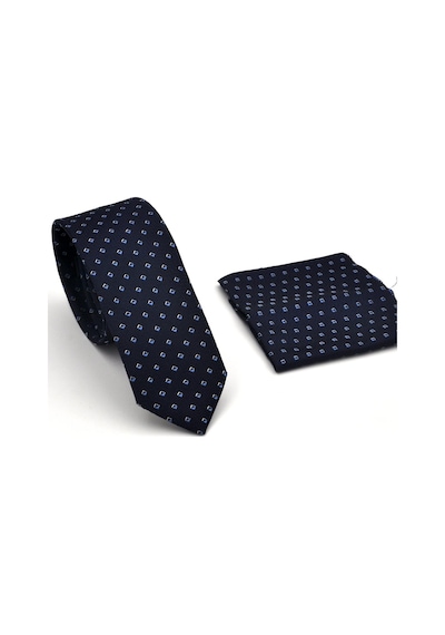 Gaffy Mavi Desenli Lacivert Dokuma Kumaş Mendilli Slim Fit Kravat // Sdk230902 Lacivert - Mavi