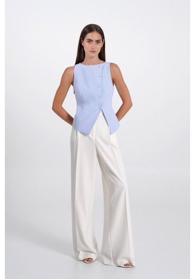 Thalure Kadın Mavi Pötikare Kruvaze Slim Fit Yelek