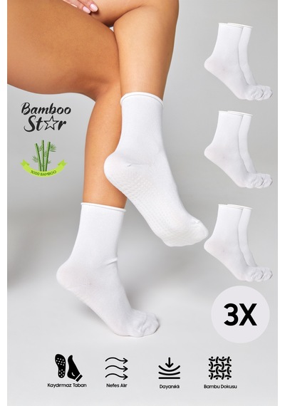 Bamboo Star Bambu Kaydırmaz Taban Silikon Baskı Umre Tavaf Umre Hamile Yoga Beyaz Lastiksiz Çorap 3'lü