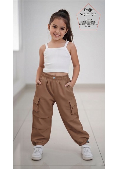 Smalltouch Kız Çocuk Paçası Ve Beli Ayarlanabilir Lastikli Paraşüt Pantolon Kahverengi