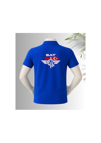 Dafri Özel Tasarım Sat Baskılı Polo Yaka %100 Pamuklu T-shirt Mavi