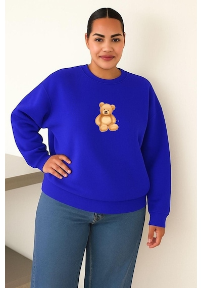 Benroma 3 İplik Penye Ayıcık Baskılı Büyük Beden Unisex Sweatshırt Çok Renkli