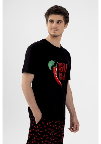 Erkek Pamuklu Kısa Kollu Chilli Baskılı Cep Detaylı Pijama Takımı Ke30101.34 Kırmızı - Siyah
