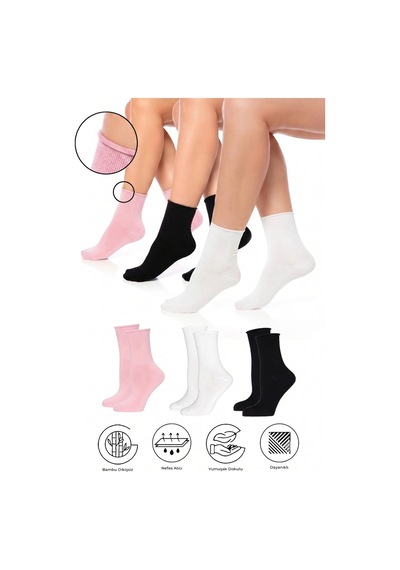 Saysez Bambu Kadın Lastiksiz Siyah-beyaz-pembe Soket Dikişsiz Premium Çorap 3'lü Paket / İz Bırakmaz Çok Renkli