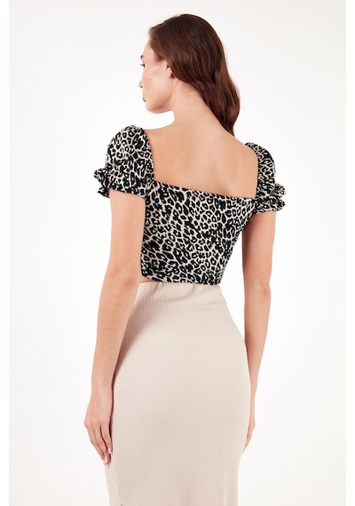 Lela Slim Fit Büzgü Detaylı Kalp Yaka Crop Bayan Bluz 5865601 Leopar