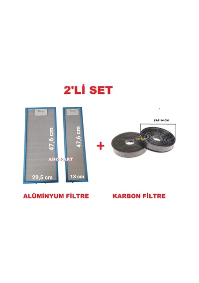 Esty 1390 Aspiratör Alüminyum Filtre Takımı 20,5x47,6 /13x47,6 Cm +karbon Filtre - 2'li Set