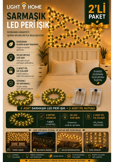 2 Adet Yapay Sarmaşık Led Işık Dekoratif Işıklı Sarmaşık Led Oda Duvar Yatak Odası Parti Yılbaşı Dekoru Her Biri 3 Metre 30 Led Sarı