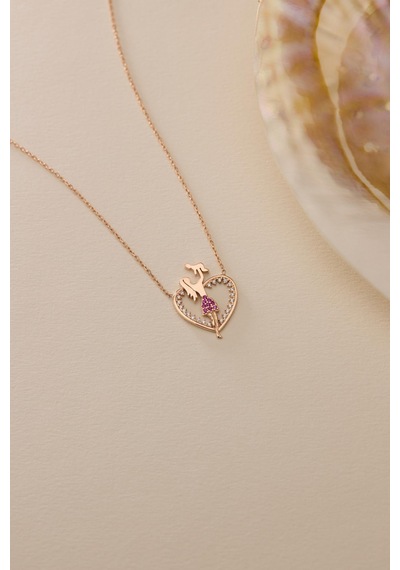 925 Ayar Gümüş Rose Kaplama Kalp Model Pembe Taşlı Anne Bebek Kolye Rose Gold