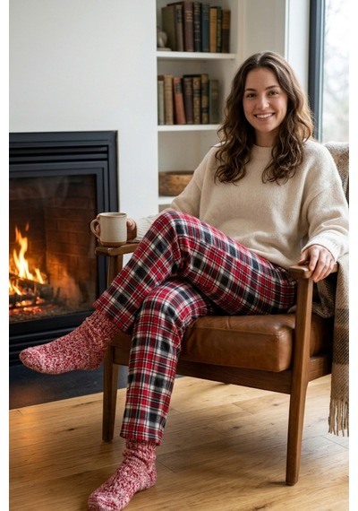 Mataş Kadın Ekose Desenli Pijama Altı Lastikli Bel Ev Giyim Pantolonu Beyaz