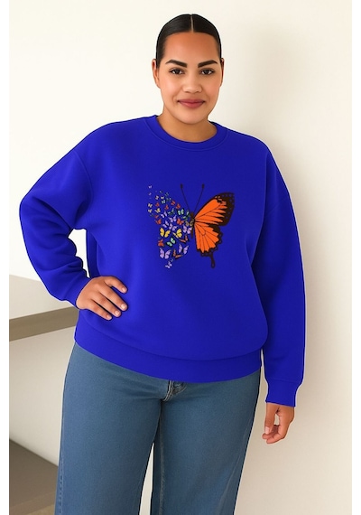 Benroma 3 İplik Penye Kelebek Baskılı Büyük Beden Unisex Sweatshırt Saks Mavisi